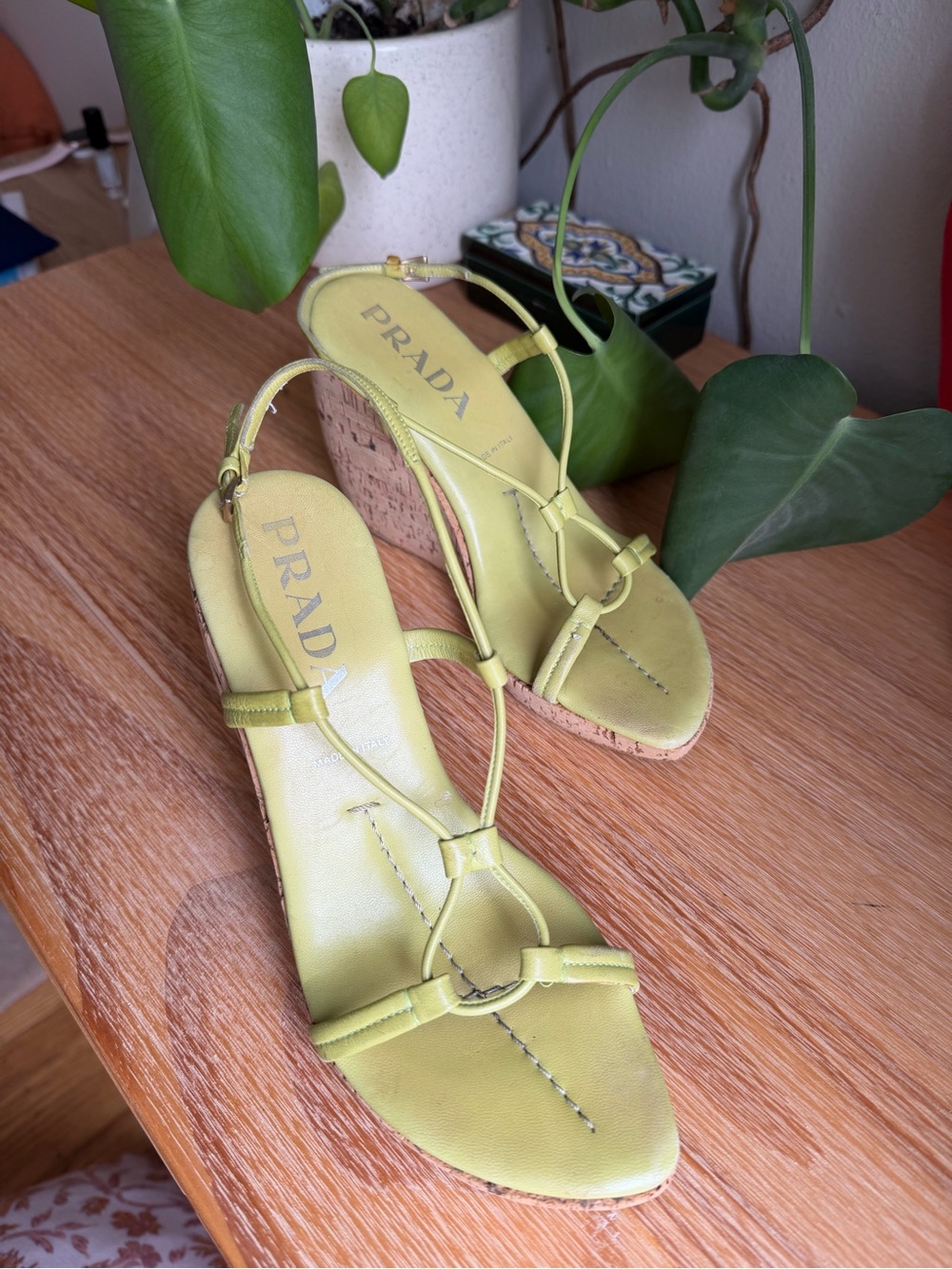 Prada Lime Green Leather Cork Wedge Sandals